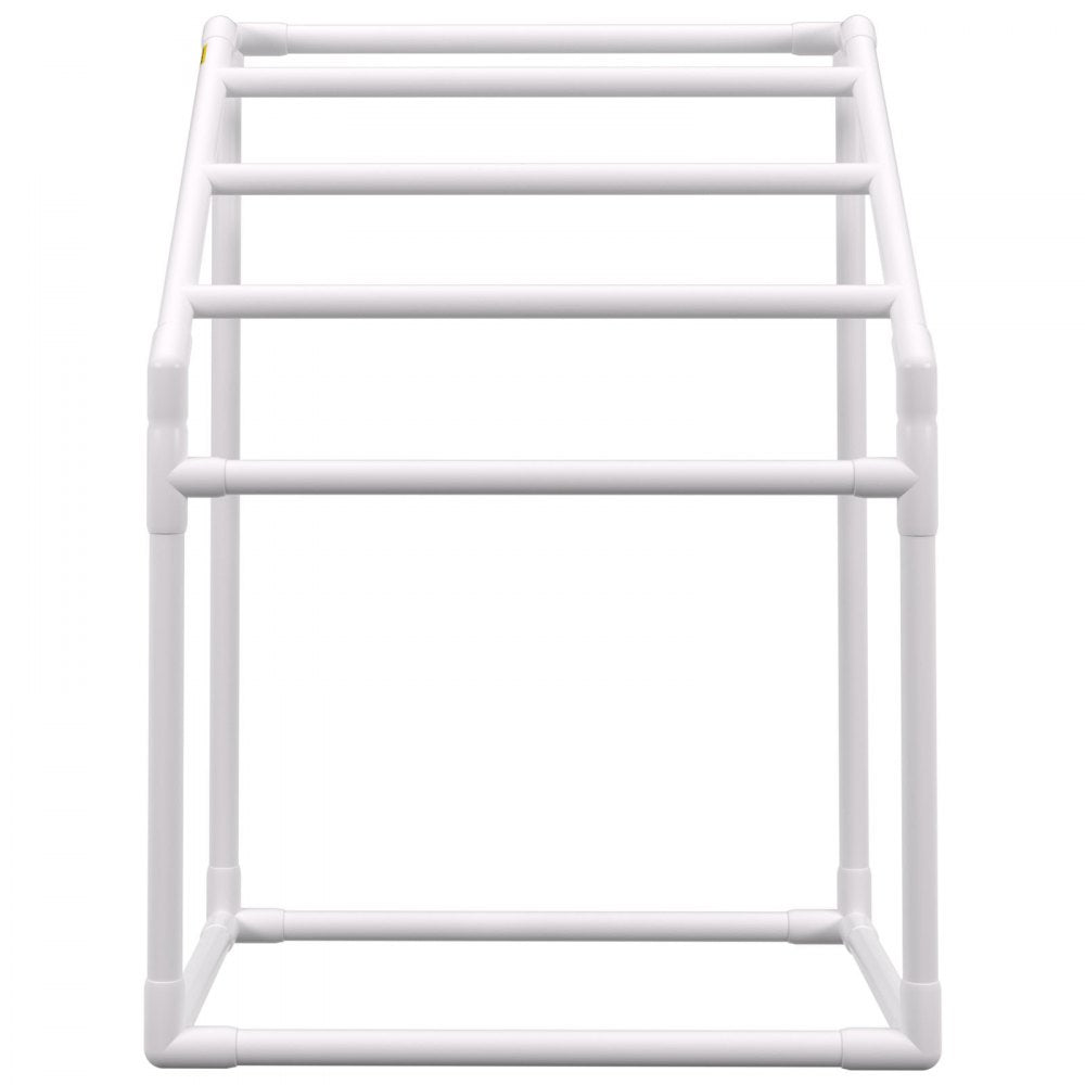 AMITOOLS Pool Towel Rack, 5 Bar, White, Freestanding Outdoor PVC Trapedozal Poolside Storage Organizer, Include 8 Towel Clips, Mesh Bag, Hook, Also Stores Floats and Paddles, for Beach, Swimming Pool