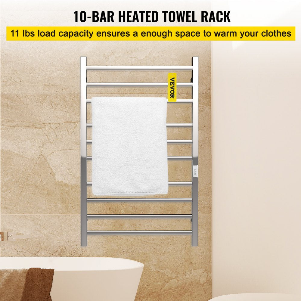 AMITOOLS Heated Towel Rack, 10 Bars Design, Mirror Polished Stainless Steel Electric Towel Warmer with Built-in Timer, Wall-Mounted for Bathroom, Plug-in/Hardwired Tested to UL Standards