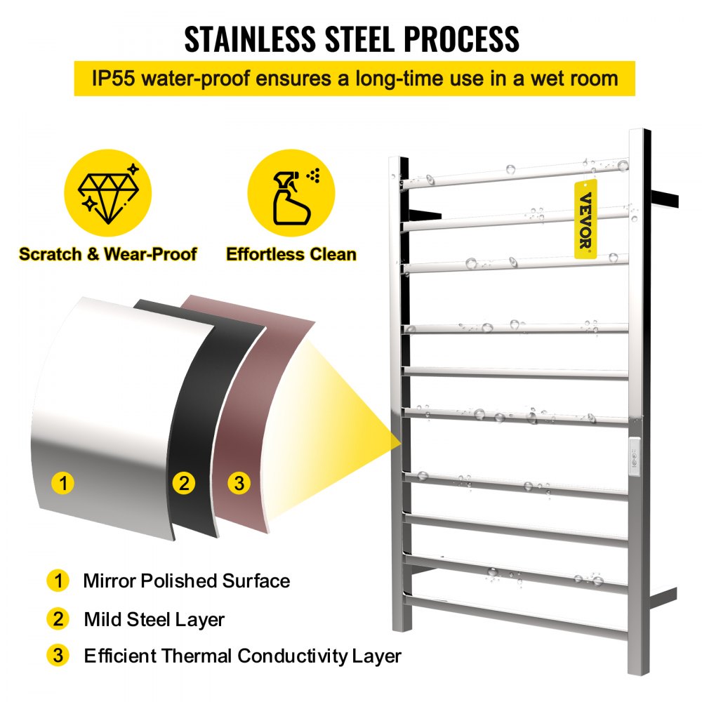 AMITOOLS Heated Towel Rack, 10 Bars Design, Mirror Polished Stainless Steel Electric Towel Warmer with Built-in Timer, Wall-Mounted for Bathroom, Plug-in/Hardwired Tested to UL Standards
