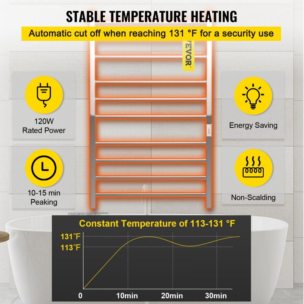 AMITOOLS Heated Towel Rack, 10 Bars Design, Mirror Polished Stainless Steel Electric Towel Warmer with Built-in Timer, Wall-Mounted for Bathroom, Plug-in/Hardwired Tested to UL Standards