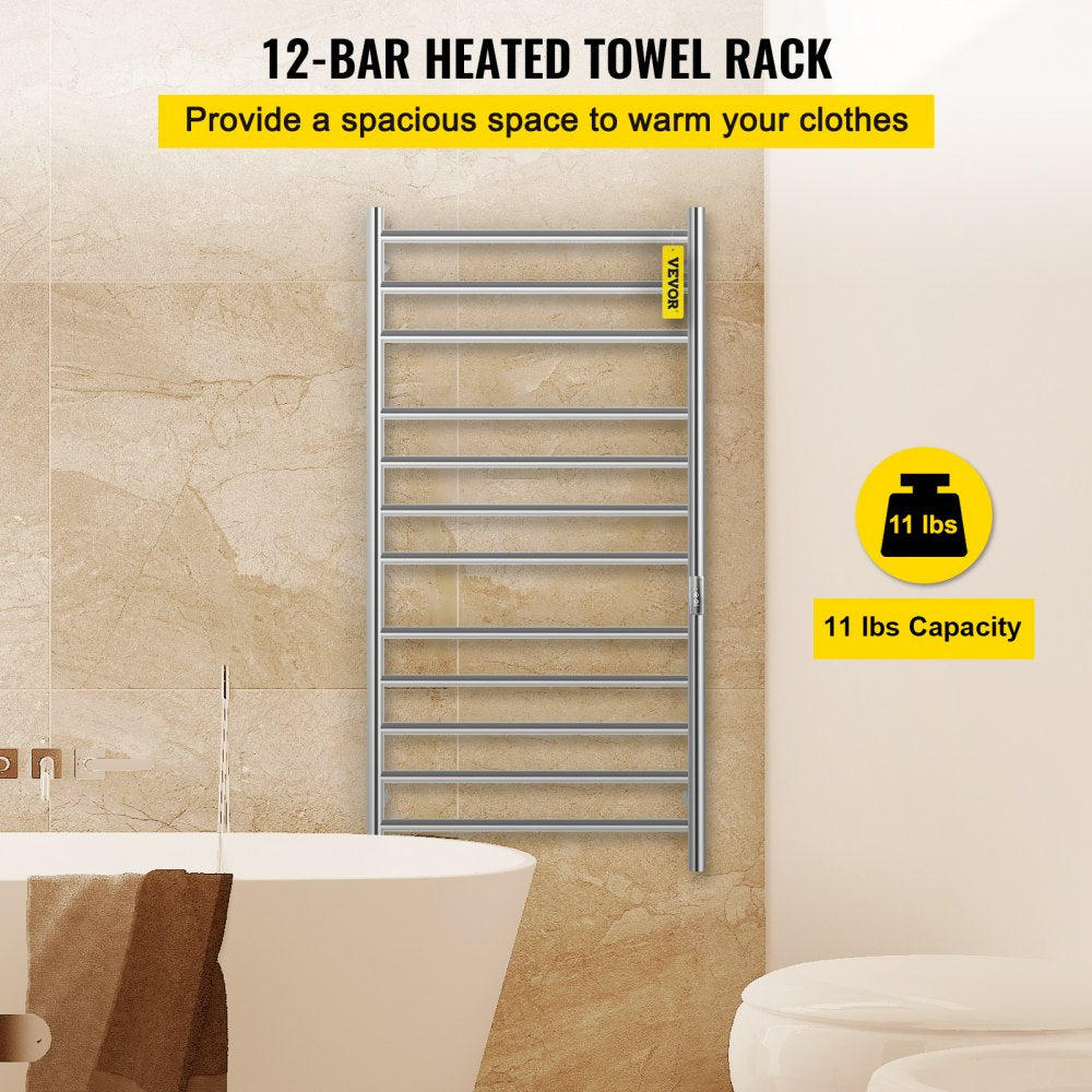 AMITOOLS Heated Towel Rack, 12-Bar Towel Warmer Rack, Wall Mounted Electric Towel Warmer, Electric Towel Drying Rack with Timer, Polished Stainless Steel Heated Towel Warmer for Bath, Plug-in/Hardwired