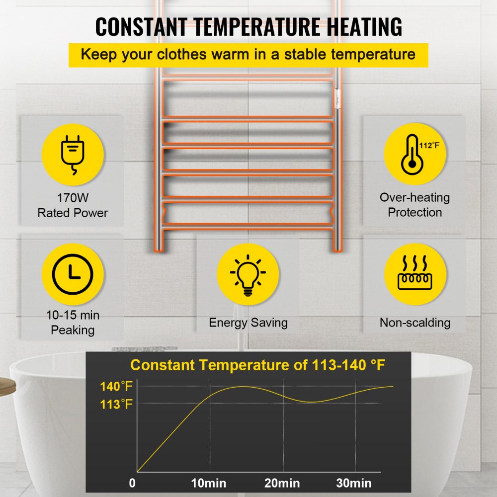 AMITOOLS Heated Towel Rack, 12-Bar Towel Warmer Rack, Wall Mounted Electric Towel Warmer, Electric Towel Drying Rack with Timer, Polished Stainless Steel Heated Towel Warmer for Bath, Plug-in/Hardwired