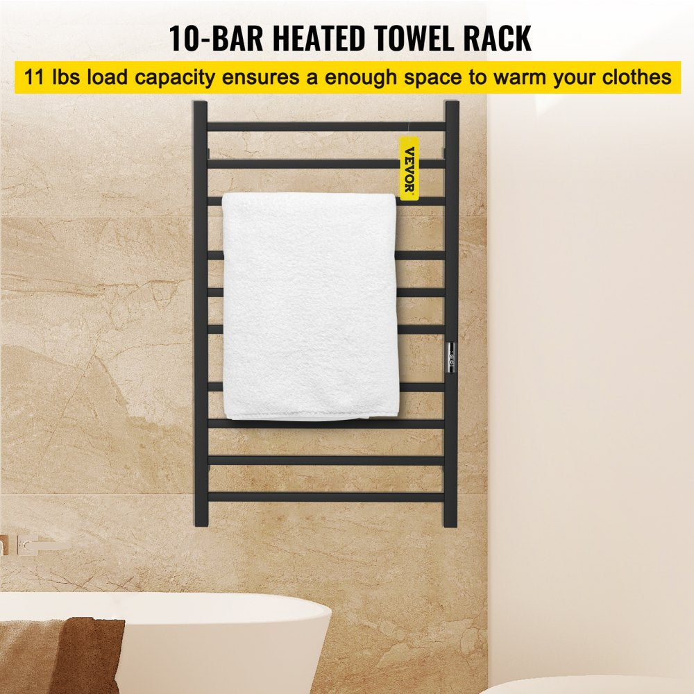 AMITOOLS Heated Towel Rack, 10 Bars Design, Powder Coated Stainless Steel Electric Towel Warmer with Built-in Timer, Wall-Mounted for Bathroom, Plug-in/Hardwired Tested to UL Standards