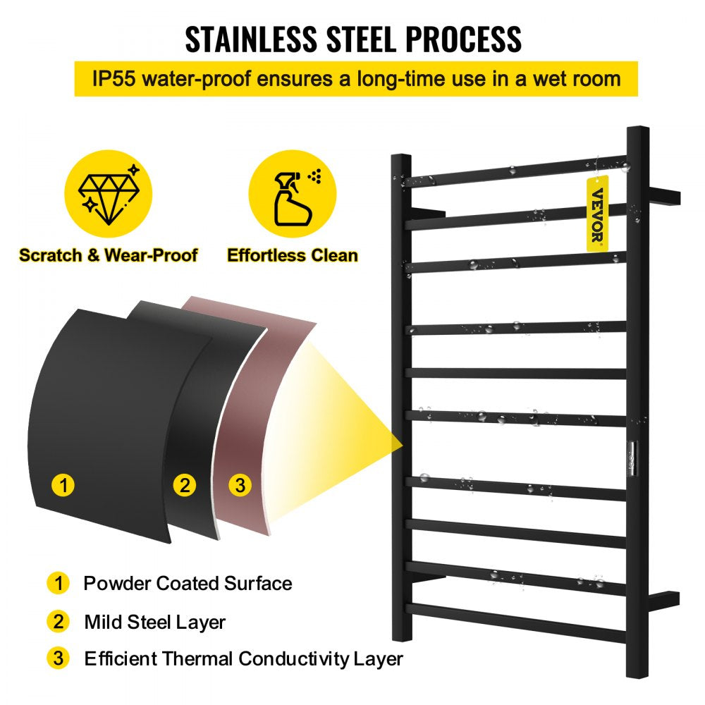 AMITOOLS Heated Towel Rack, 10 Bars Design, Powder Coated Stainless Steel Electric Towel Warmer with Built-in Timer, Wall-Mounted for Bathroom, Plug-in/Hardwired Tested to UL Standards