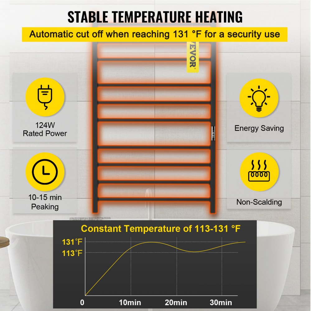 AMITOOLS Heated Towel Rack, 10 Bars Design, Powder Coated Stainless Steel Electric Towel Warmer with Built-in Timer, Wall-Mounted for Bathroom, Plug-in/Hardwired Tested to UL Standards