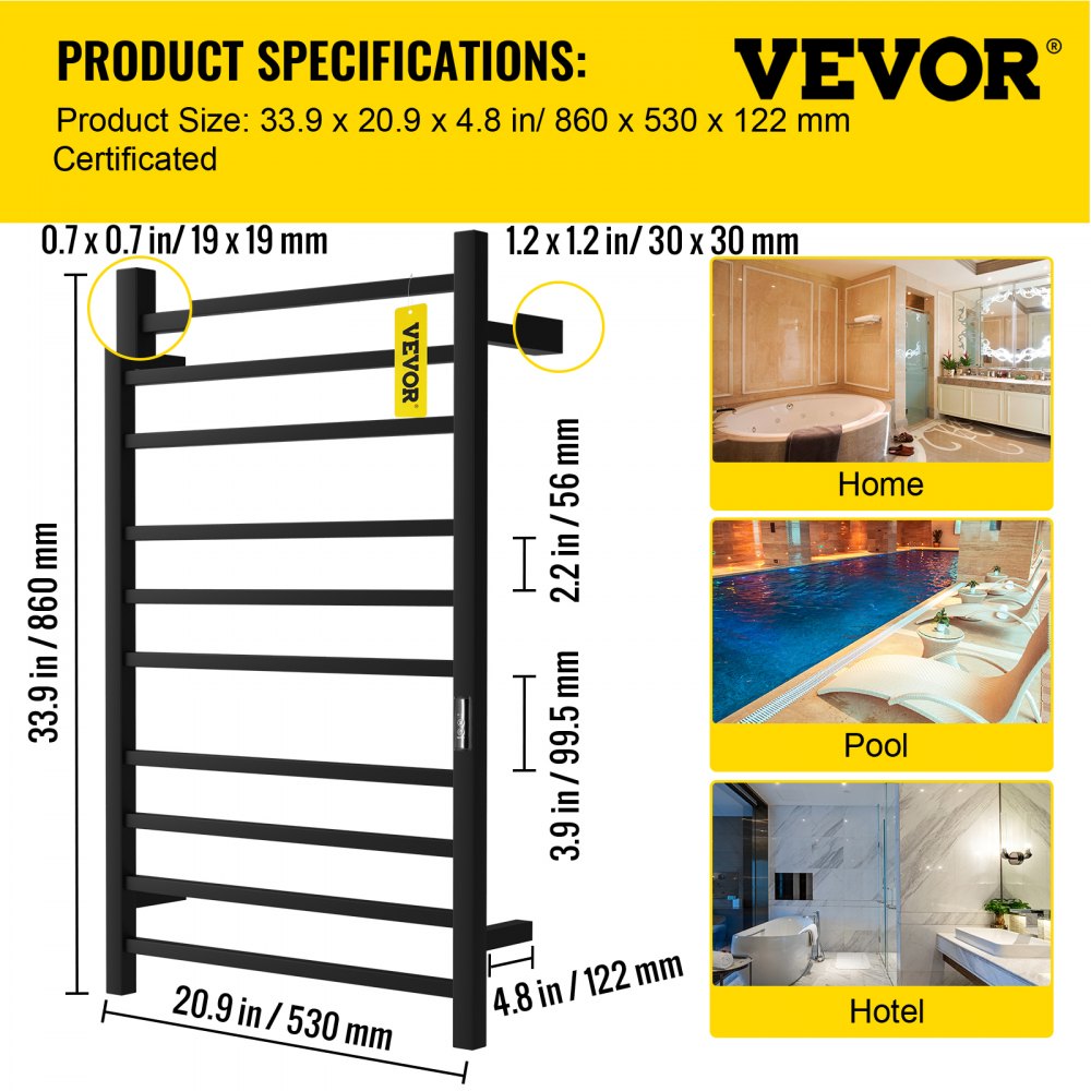 AMITOOLS Heated Towel Rack, 10 Bars Design, Powder Coated Stainless Steel Electric Towel Warmer with Built-in Timer, Wall-Mounted for Bathroom, Plug-in/Hardwired Tested to UL Standards