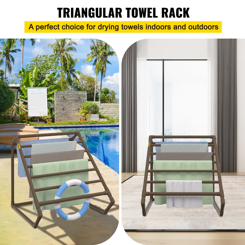 AMITOOLS Pool Towel Rack, 8 Bar, Brown, Freestanding Outdoor PVC Triangular Poolside Storage Organizer, Include 8 Towel Clips, Mesh Bag, Hook, Also Stores Floats and Paddles, for Beach, Swimming Pool