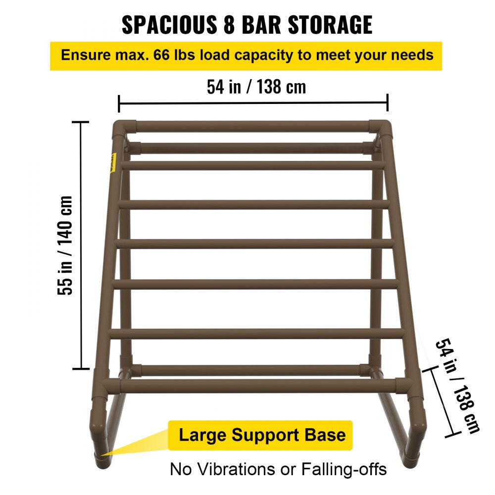 AMITOOLS Pool Towel Rack, 8 Bar, Brown, Freestanding Outdoor PVC Triangular Poolside Storage Organizer, Include 8 Towel Clips, Mesh Bag, Hook, Also Stores Floats and Paddles, for Beach, Swimming Pool