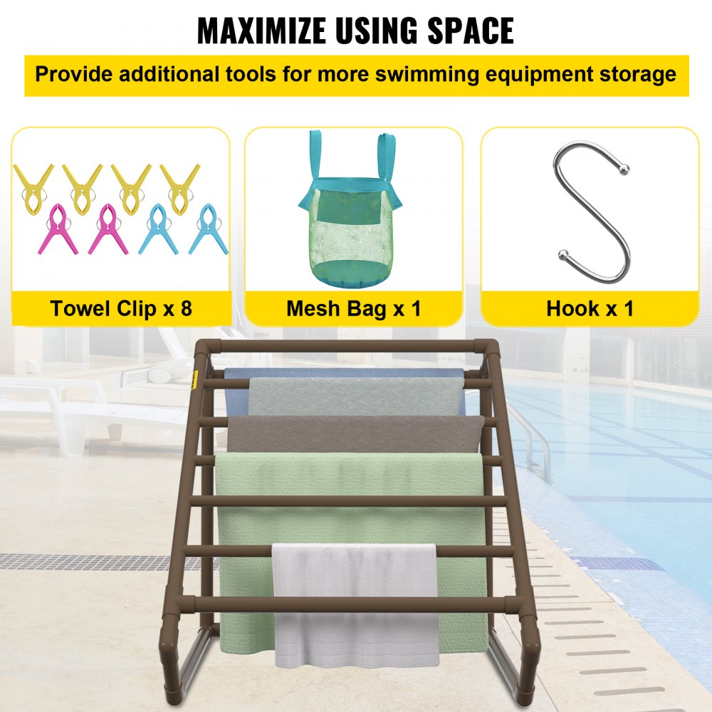 AMITOOLS Pool Towel Rack, 8 Bar, Brown, Freestanding Outdoor PVC Triangular Poolside Storage Organizer, Include 8 Towel Clips, Mesh Bag, Hook, Also Stores Floats and Paddles, for Beach, Swimming Pool