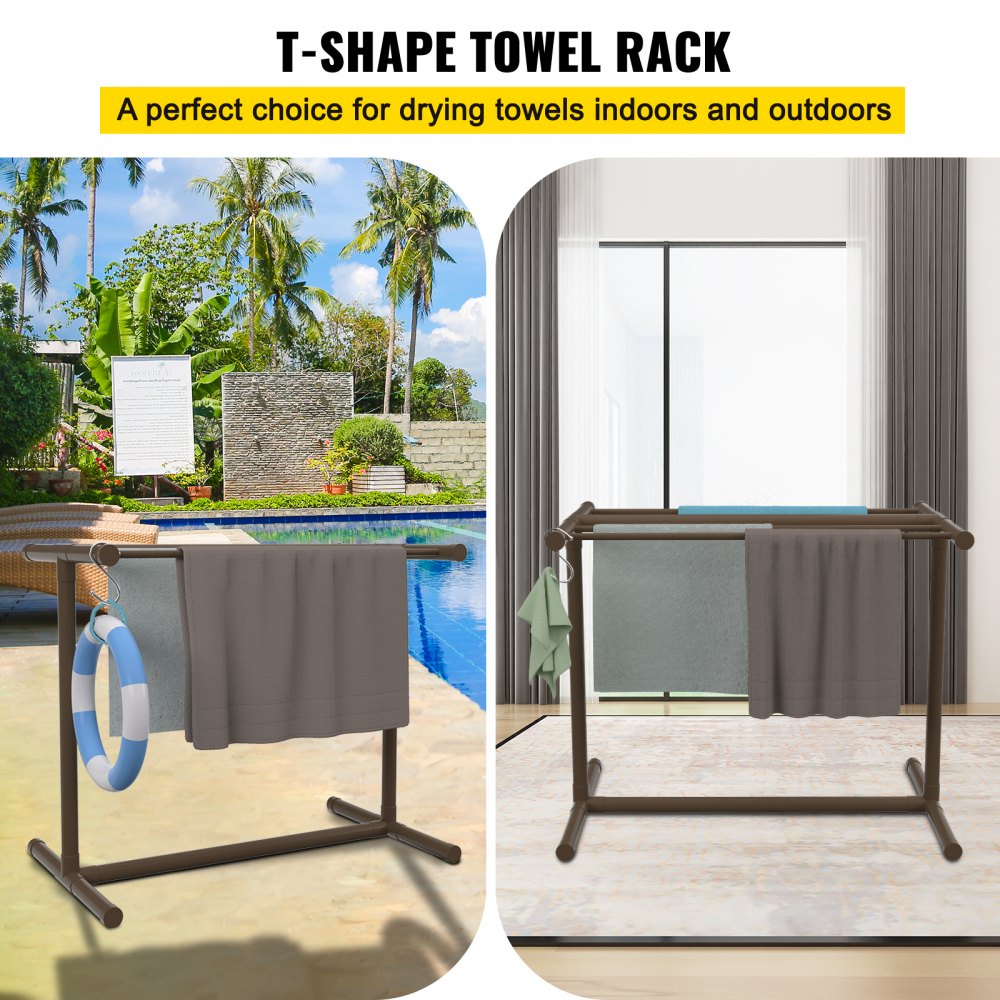 AMITOOLS Pool Towel Rack, 5 Bar, Brown, Freestanding Outdoor PVC T-Shape Poolside Storage Organizer, Include 8 Towel Clips, Mesh Bag, Hook, Also Stores Floats and Paddles, for Beach, Swimming Pool, Home