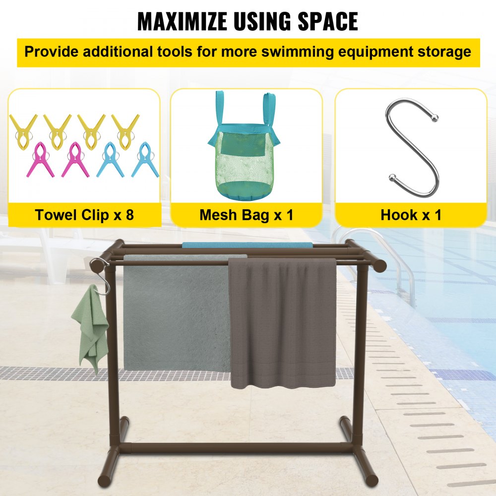 AMITOOLS Pool Towel Rack, 5 Bar, Brown, Freestanding Outdoor PVC T-Shape Poolside Storage Organizer, Include 8 Towel Clips, Mesh Bag, Hook, Also Stores Floats and Paddles, for Beach, Swimming Pool, Home