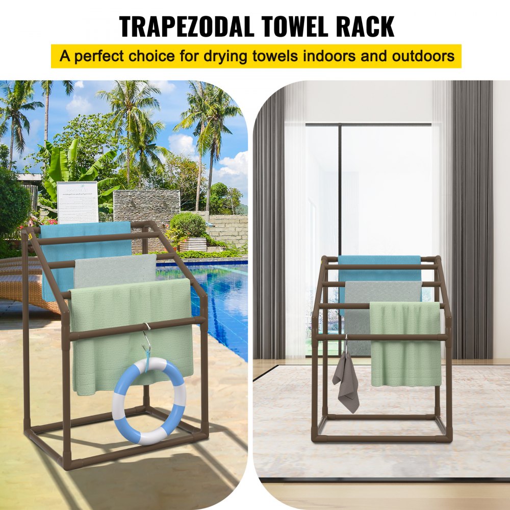 AMITOOLS Pool Towel Rack, 5 Bar, Brown, Freestanding Outdoor PVC Trapedozal Poolside Storage Organizer, Include 8 Towel Clips, Mesh Bag, Hook, Also Stores Floats and Paddles, for Beach, Swimming Pool