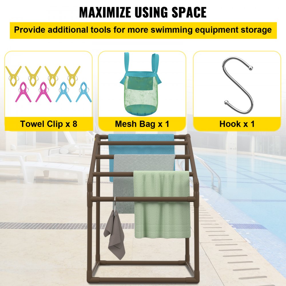 AMITOOLS Pool Towel Rack, 5 Bar, Brown, Freestanding Outdoor PVC Trapedozal Poolside Storage Organizer, Include 8 Towel Clips, Mesh Bag, Hook, Also Stores Floats and Paddles, for Beach, Swimming Pool