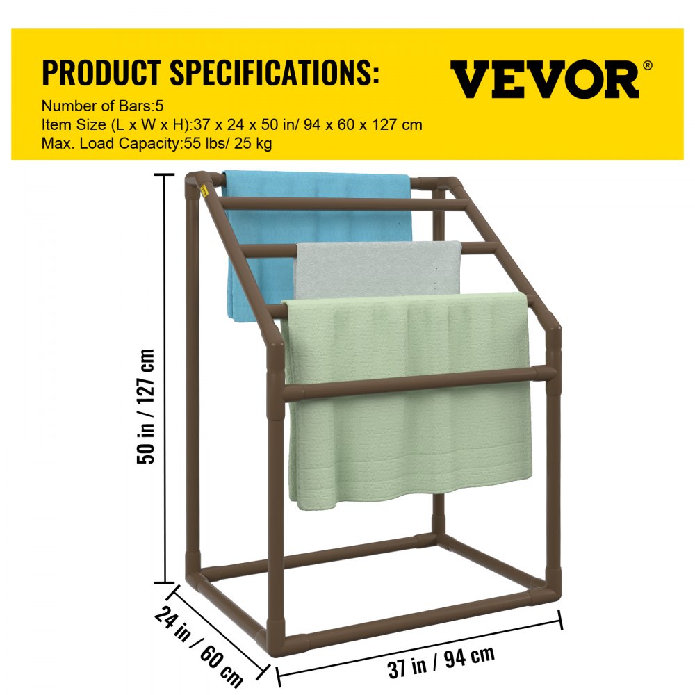 AMITOOLS Pool Towel Rack, 5 Bar, Brown, Freestanding Outdoor PVC Trapedozal Poolside Storage Organizer, Include 8 Towel Clips, Mesh Bag, Hook, Also Stores Floats and Paddles, for Beach, Swimming Pool