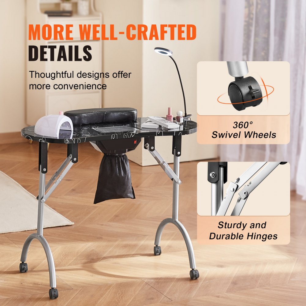 AMITOOLS Portable Manicure Table, Foldable Nail Table with Electric Dust Collector, Moveable Nail Tech Desk & 4 Wheels, 3 Dust Bags, Bendable LED Lamp, MDF Nail Art Workstation for Home Spa Beauty Salon