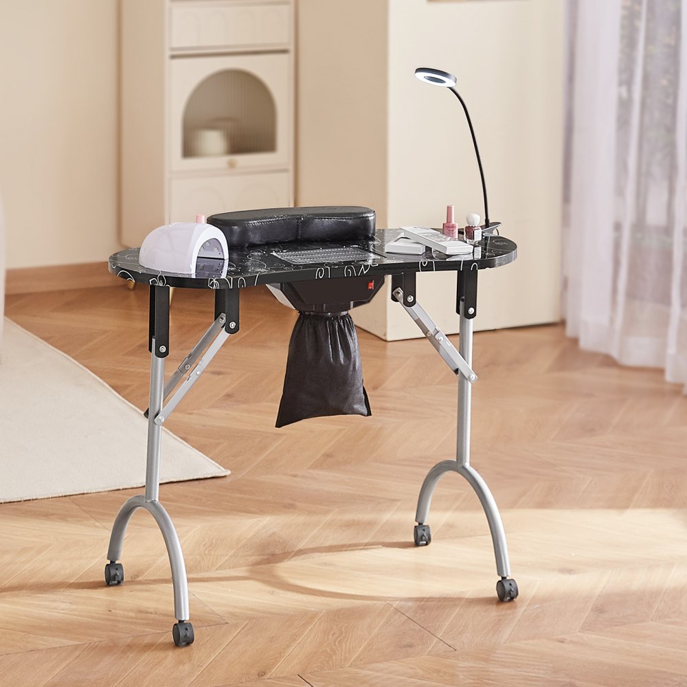 AMITOOLS Portable Manicure Table, Foldable Nail Table with Electric Dust Collector, Moveable Nail Tech Desk & 4 Wheels, 3 Dust Bags, Bendable LED Lamp, MDF Nail Art Workstation for Home Spa Beauty Salon