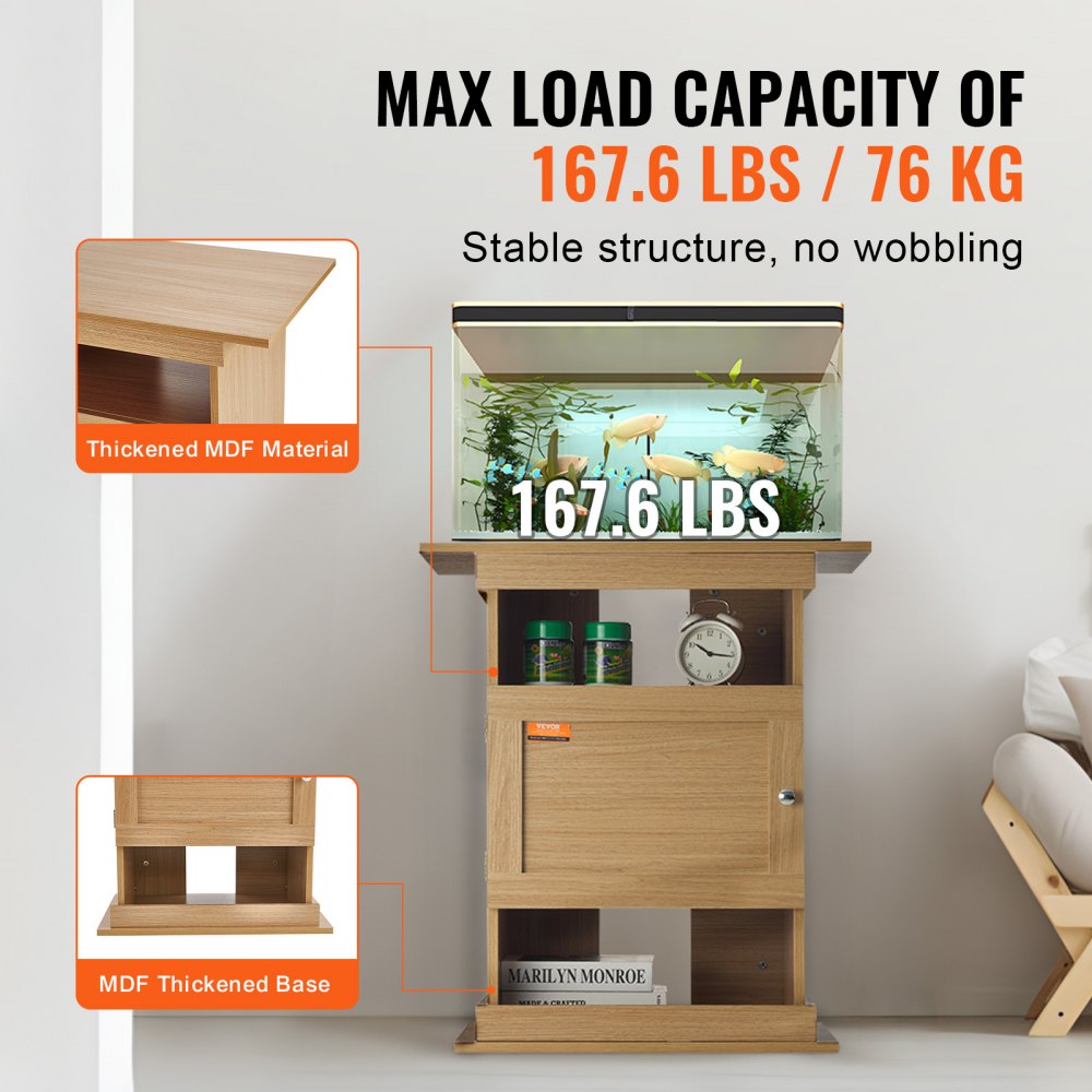 AMITOOLS Aquarium Stand, 20 Gallon Fish Tank Stand, 25.2 x 15.7 x 28.3 in MDF Turtle Tank Stand, 167.6 lbs Load Capacity, Reptile Tank Stand with Storage, Cabinet and Hardware Kit, Basswood Color