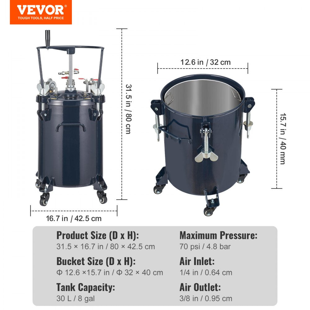 AMITOOLS Spray Paint Pressure Pot Tank, 30L/8gal Air Paint Pressure Pot with Manual Mixing Agitator, Leak Repair Sealant for Industry Home Decor Architecture Construction Automotive Painting, 70PSI Max