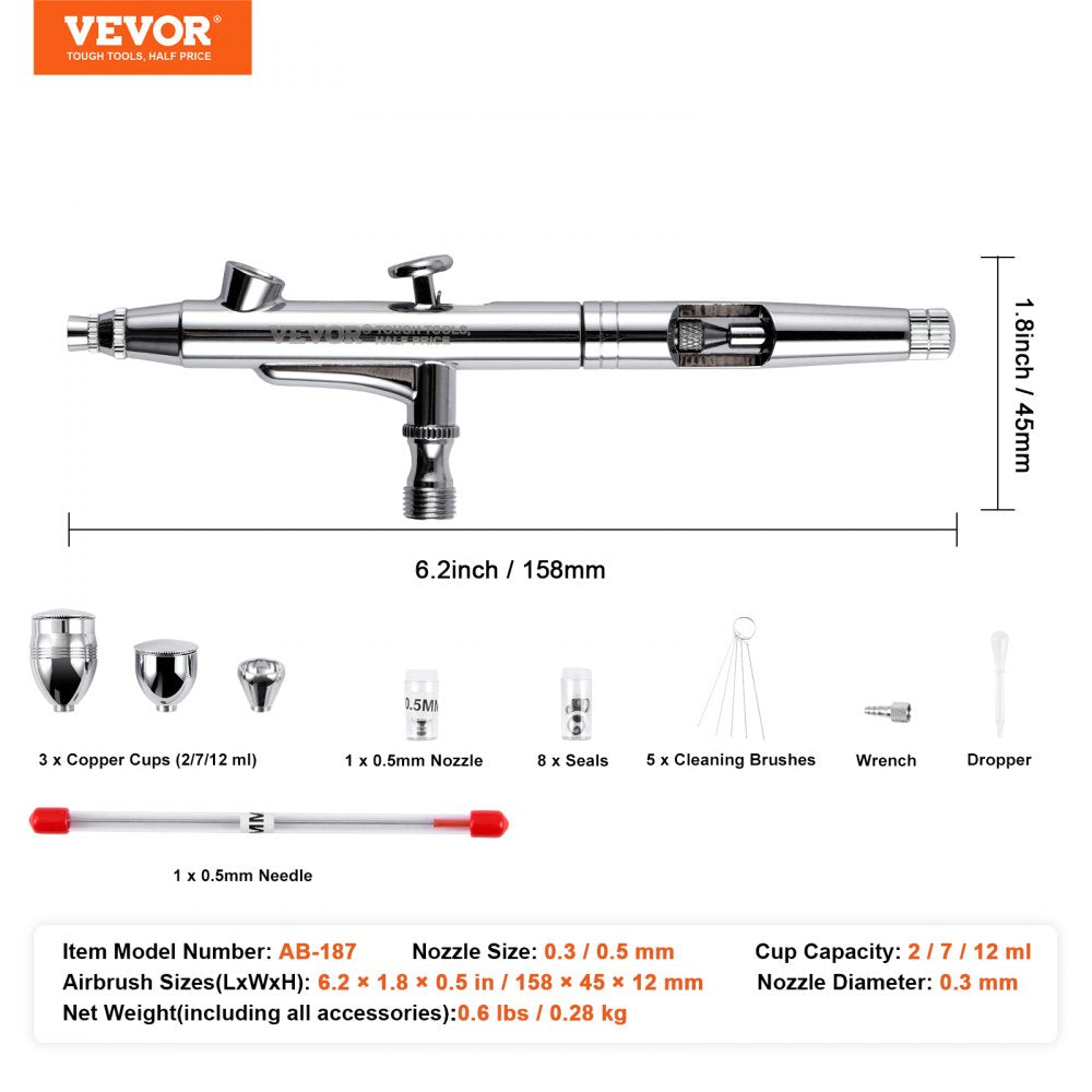 AMITOOLS Airbrush Gun, Dual Action Gravity Feed with 0.3 mm and 0.5 mm Nozzles, Airbrush Kit with 2/7/12ml Copper Cups and Cleaning Accessories, Ideal for Painting Models, Desserts, Cakes, and Nail Art