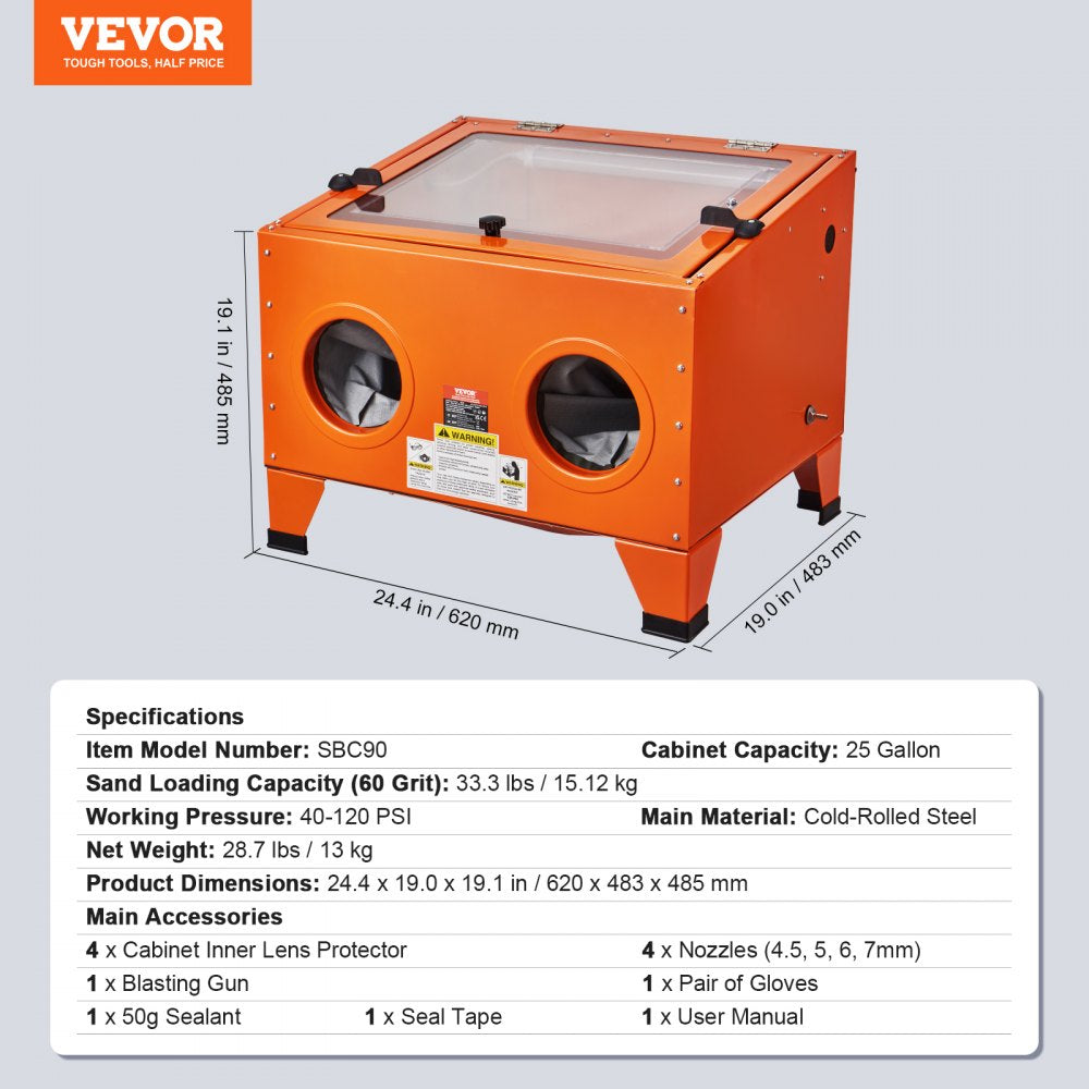 AMITOOLS 25 Gallon Sandblasting Cabinet, 40-120PSI Portable Benchtop Sand Blasting Cabinet, Heavy Duty Steel Sand Blaster with Blasting Gun & 4 Ceramic Nozzles for Paint, Stain, Rust Removal