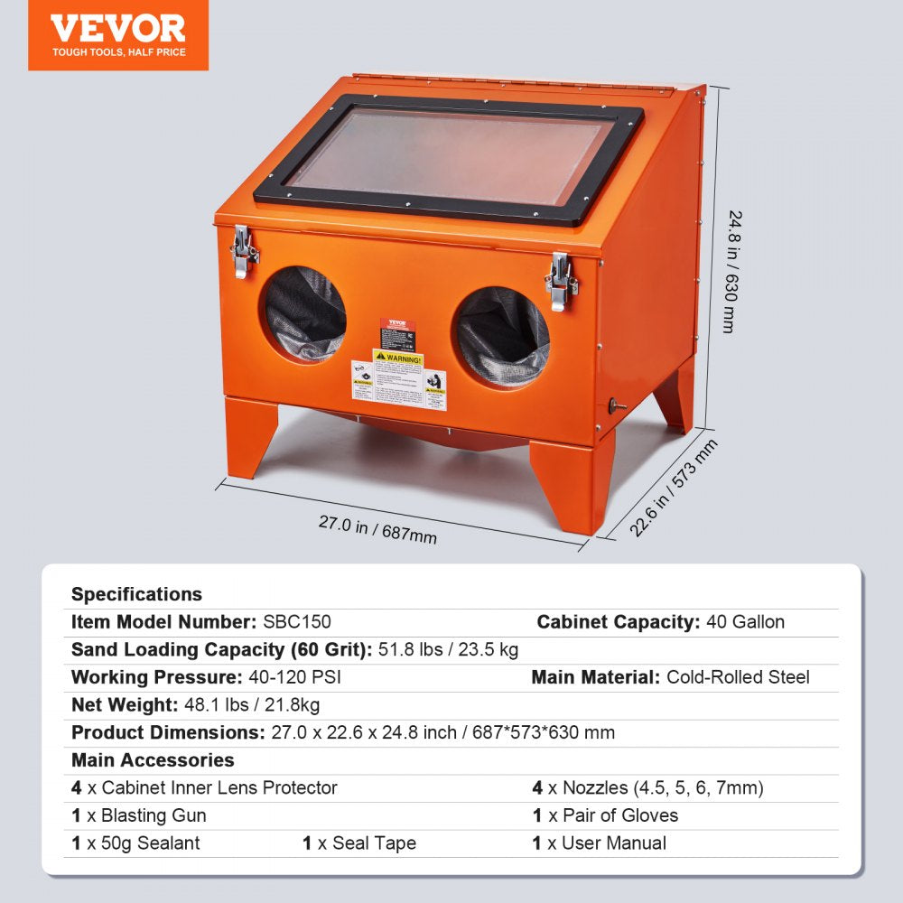 AMITOOLS 40 Gallon Sandblasting Cabinet, 40-120PSI Portable Benchtop Sand Blasting Cabinet, Heavy Duty Steel Sand Blaster with Blasting Gun & 4 Ceramic Nozzles for Paint, Stain, Rust Removal