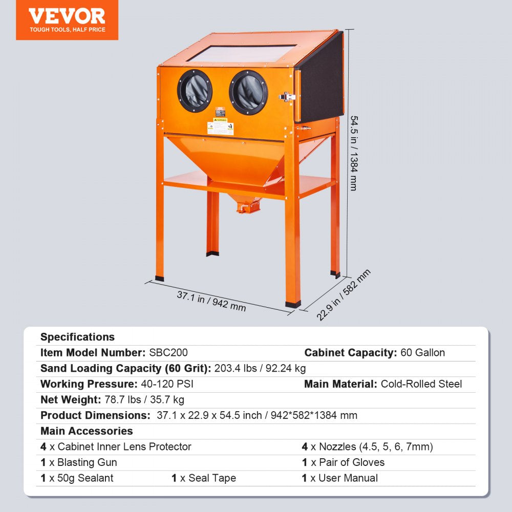 AMITOOLS 60 Gallon Sandblasting Cabinet, 40-120PSI Sand Blasting Cabinet with Stand, Heavy Duty Steel Sand Blaster with Blasting Gun & 4 Ceramic Nozzles for Paint, Stain, Rust Removal