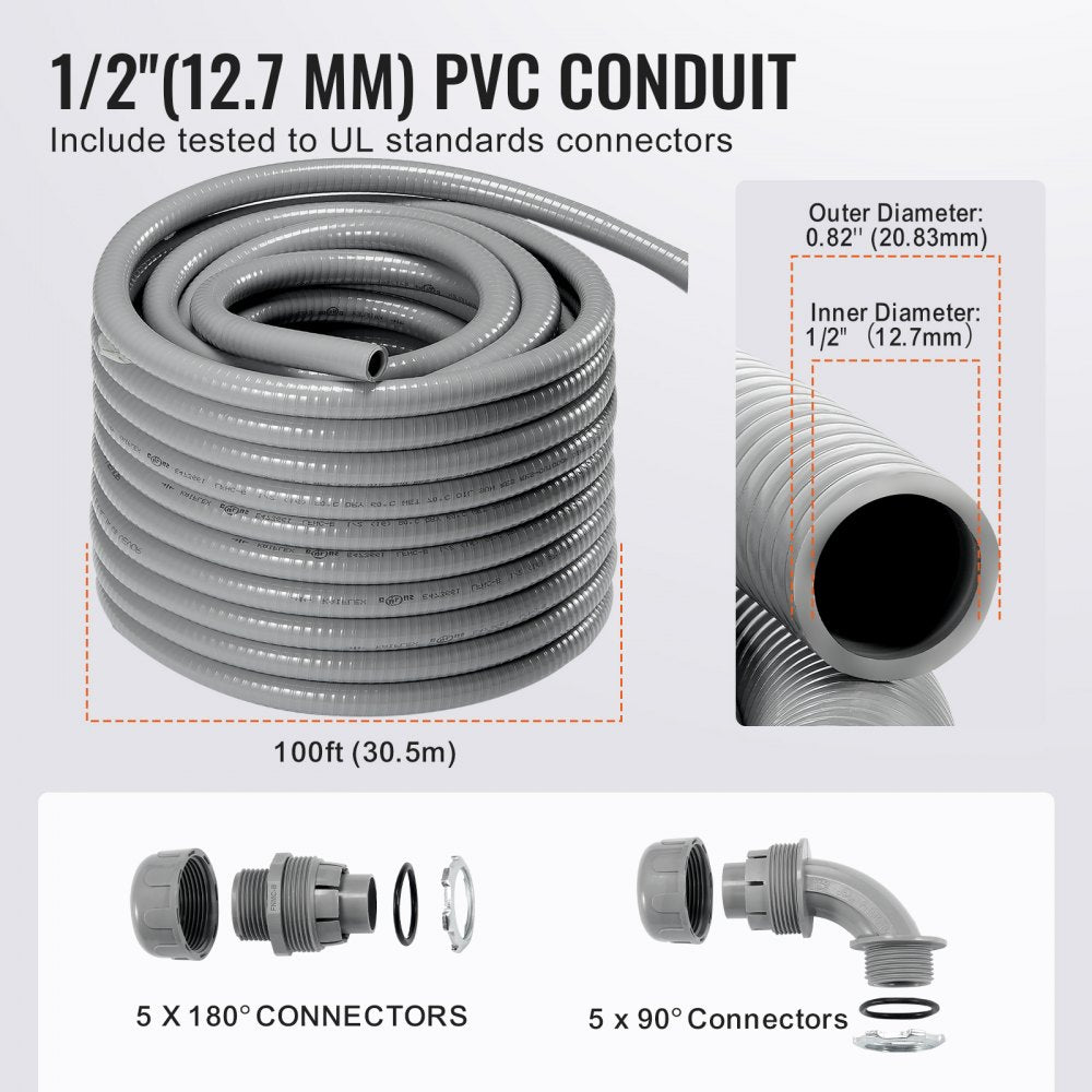 AMITOOLS 1/2-Inch Flexible Electrical Conduit, 100 ft, PVC Liquid-Tight Conduit Non-Metallic with 5 Straight and 5 90-Degree Conduit Connector Fittings, for Air Conditioning Motor Controller Pump, IP65