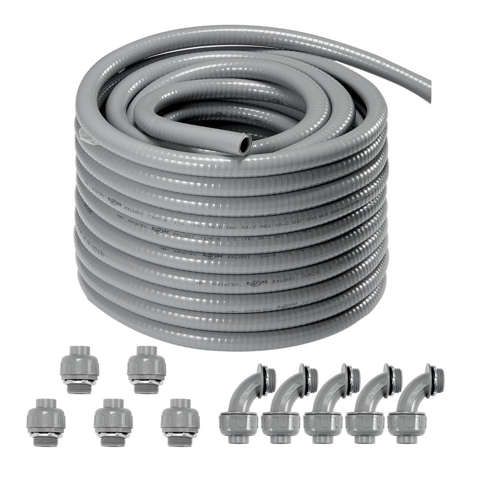 AMITOOLS 1/2-Inch Flexible Electrical Conduit, 100 ft, PVC Liquid-Tight Conduit Non-Metallic with 5 Straight and 5 90-Degree Conduit Connector Fittings, for Air Conditioning Motor Controller Pump, IP65