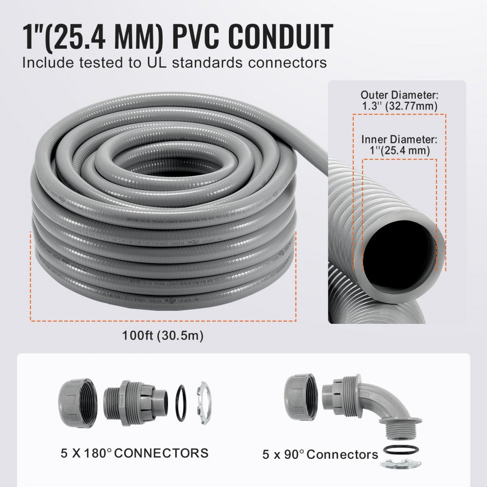 AMITOOLS 1-Inch Flexible Electrical Conduit, 100 ft, PVC Liquid-Tight Conduit Non-Metallic with 5 Straight and 5 90-Degree Conduit Connector Fittings, for Air Conditioning Motor Controller Pump, IP65