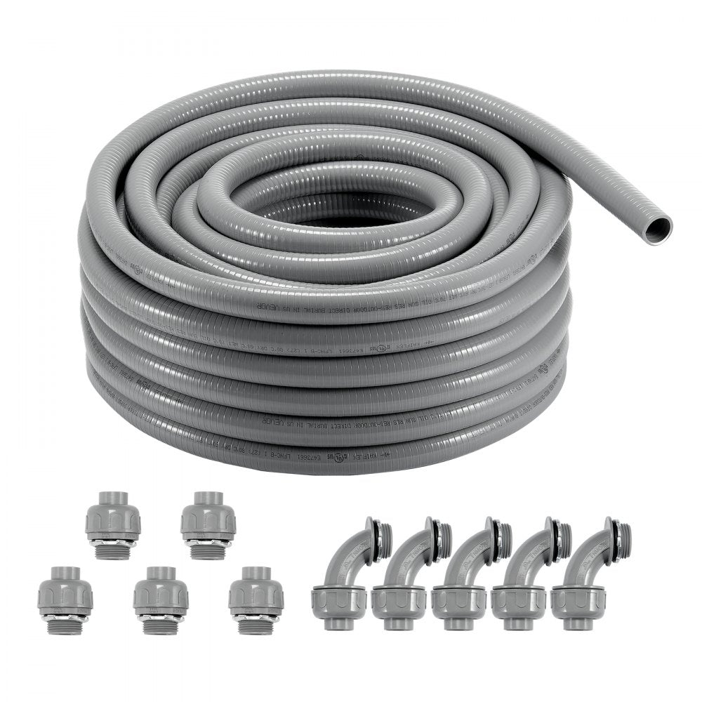 AMITOOLS 1-Inch Flexible Electrical Conduit, 100 ft, PVC Liquid-Tight Conduit Non-Metallic with 5 Straight and 5 90-Degree Conduit Connector Fittings, for Air Conditioning Motor Controller Pump, IP65