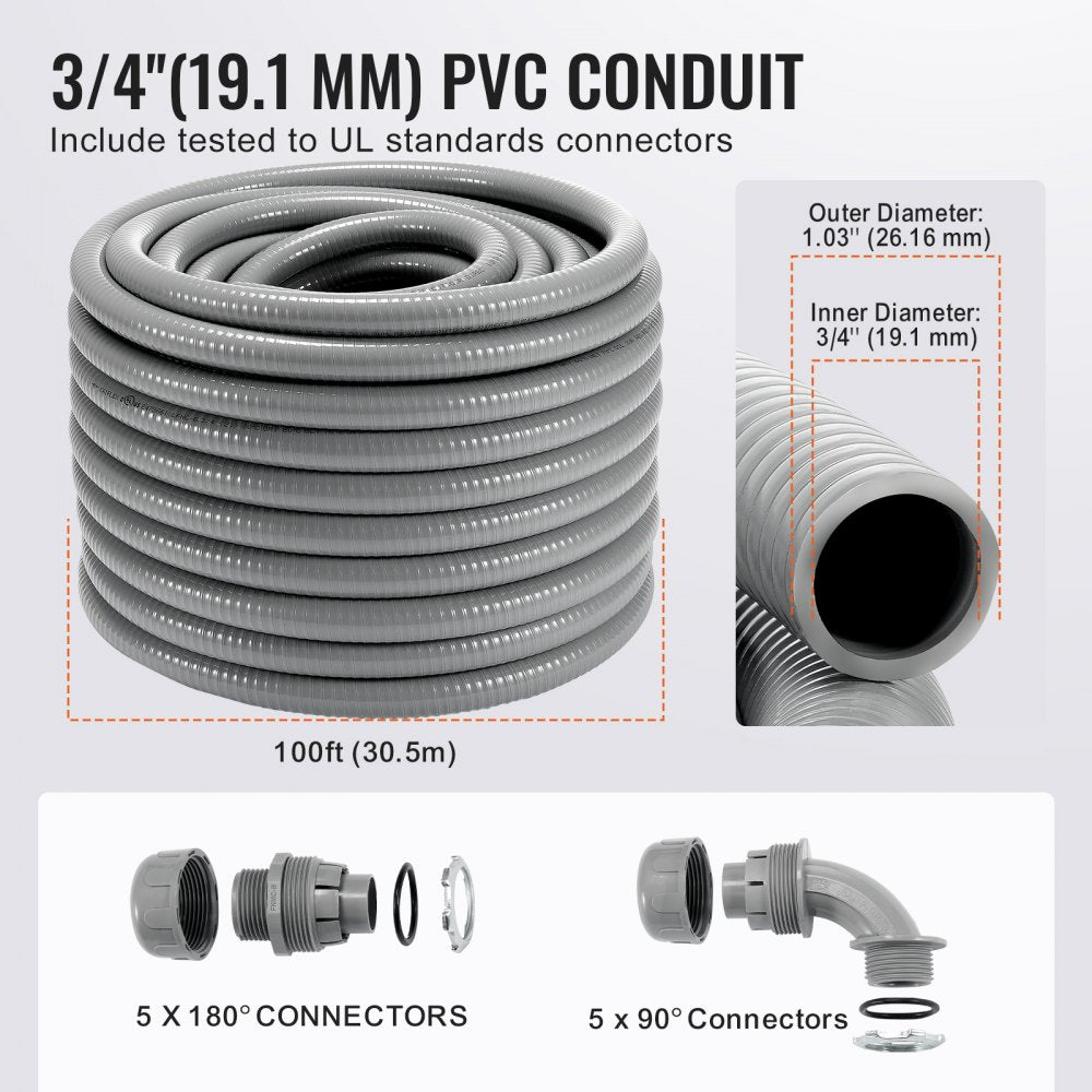 AMITOOLS 3/4-Inch Flexible Electrical Conduit, 100 ft, PVC Liquid-Tight Conduit Non-Metallic with 5 Straight and 5 90-Degree Conduit Connector Fittings, for Air Conditioning Motor Controller Pump, IP65