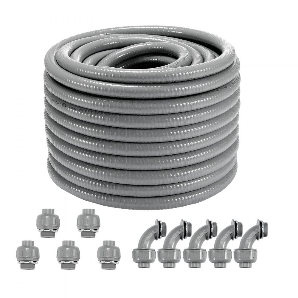 AMITOOLS 3/4-Inch Flexible Electrical Conduit, 100 ft, PVC Liquid-Tight Conduit Non-Metallic with 5 Straight and 5 90-Degree Conduit Connector Fittings, for Air Conditioning Motor Controller Pump, IP65