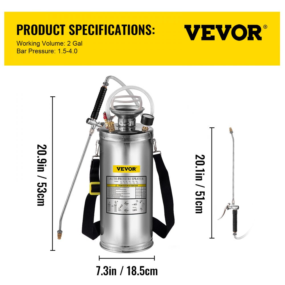 AMITOOLS 2Gal Stainless Steel Sprayer, Set with 20