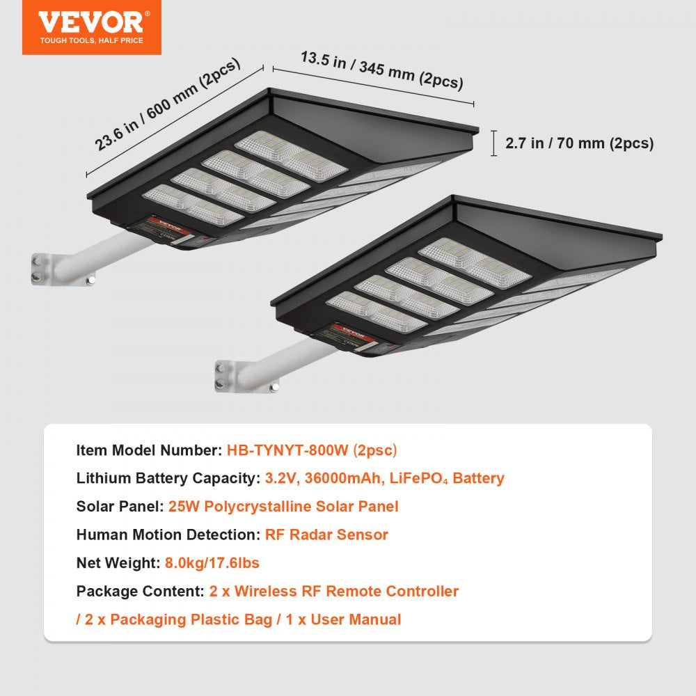 AMITOOLS 2PCS 800W Solar Street Light, 1400LM, LED Solar Flood Lights Outdoor with RF Remote Control, IP66 Waterproof Security Solar Powered Motion Sensor Lamp for Garden Yard Path Garage Parking Lot