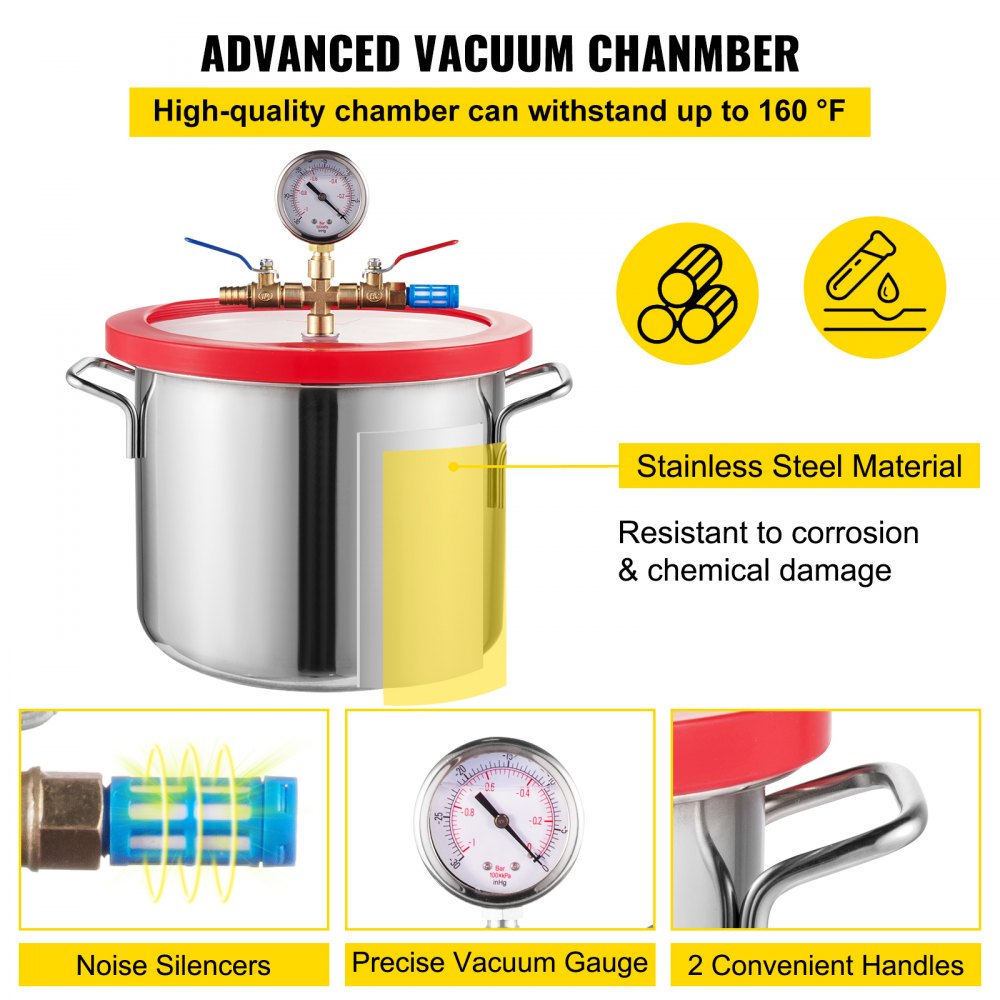 AMITOOLS 1.5 Gallon Vacuum Degassing Chamber Kit Stainless Steel Degassing Chamber 5.7L Vacuum Chamber Kit with 2.5 CFM Vacuum Pump - Not for Wood Stabilizing