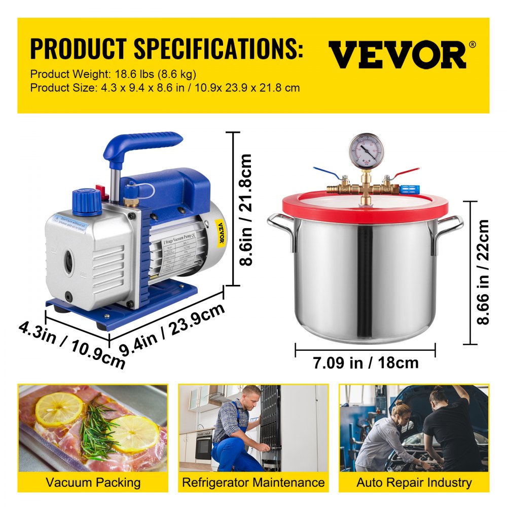 AMITOOLS 1.5 Gallon Vacuum Degassing Chamber Kit Stainless Steel Degassing Chamber 5.7L Vacuum Chamber Kit with 3 CFM 1/4 HP Vacuum Pump HVAC(3CFM Vacuum Pump + 1.5 Gallon Vacuum Chamber)