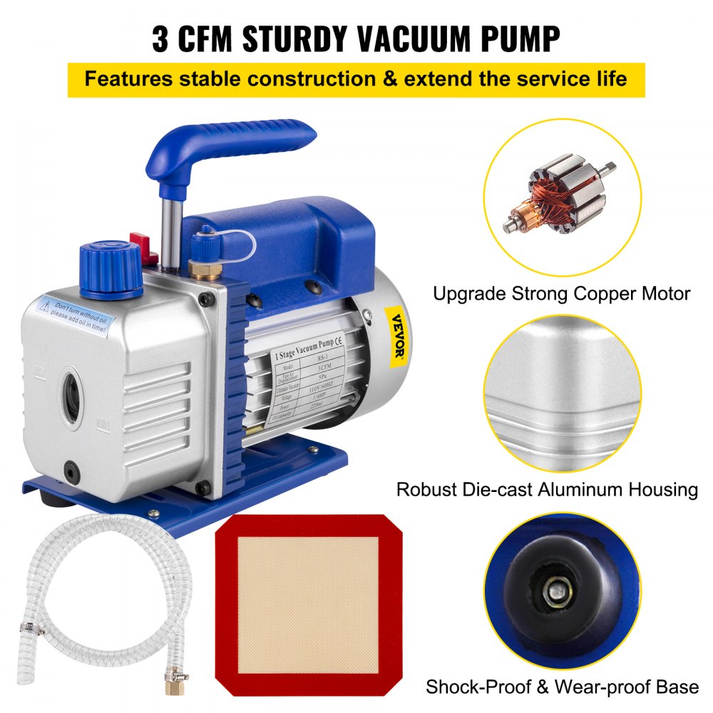 AMITOOLS 1 Gallon Vacuum Degassing Chamber Stainless Steel Degassing Chamber 3.8L Vacuum Chamber Kit with 3 CFM Single Stage Vacuum Pump(3CFM Vacuum Pump + 1 Gallon Vacuum Chamber)