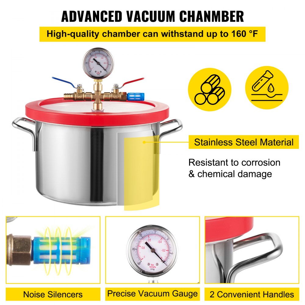 AMITOOLS 1 Gallon Vacuum Degassing Chamber Stainless Steel Degassing Chamber 3.8L Vacuum Chamber Kit with 3 CFM Single Stage Vacuum Pump(3CFM Vacuum Pump + 1 Gallon Vacuum Chamber)