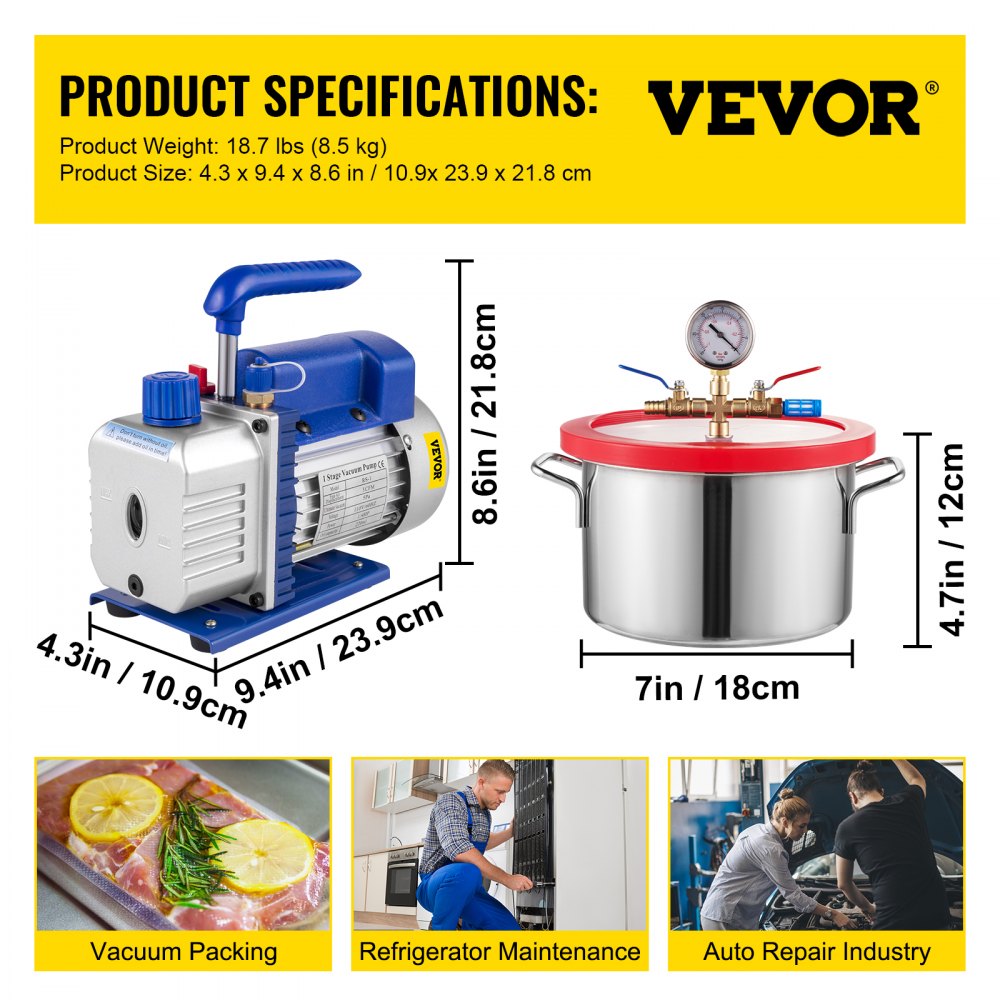 AMITOOLS 1 Gallon Vacuum Degassing Chamber Stainless Steel Degassing Chamber 3.8L Vacuum Chamber Kit with 3 CFM Single Stage Vacuum Pump(3CFM Vacuum Pump + 1 Gallon Vacuum Chamber)