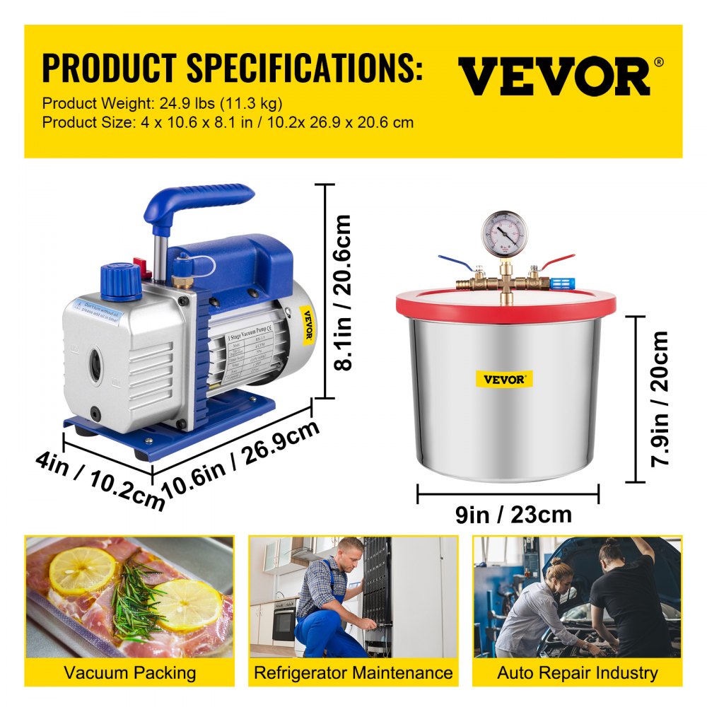 AMITOOLS Vacuum Pump 2 Gallon Vacuum Chamber Silicone Expoxy Degassing with 4CFM 1/3HP Single Stage Vacuum Pump