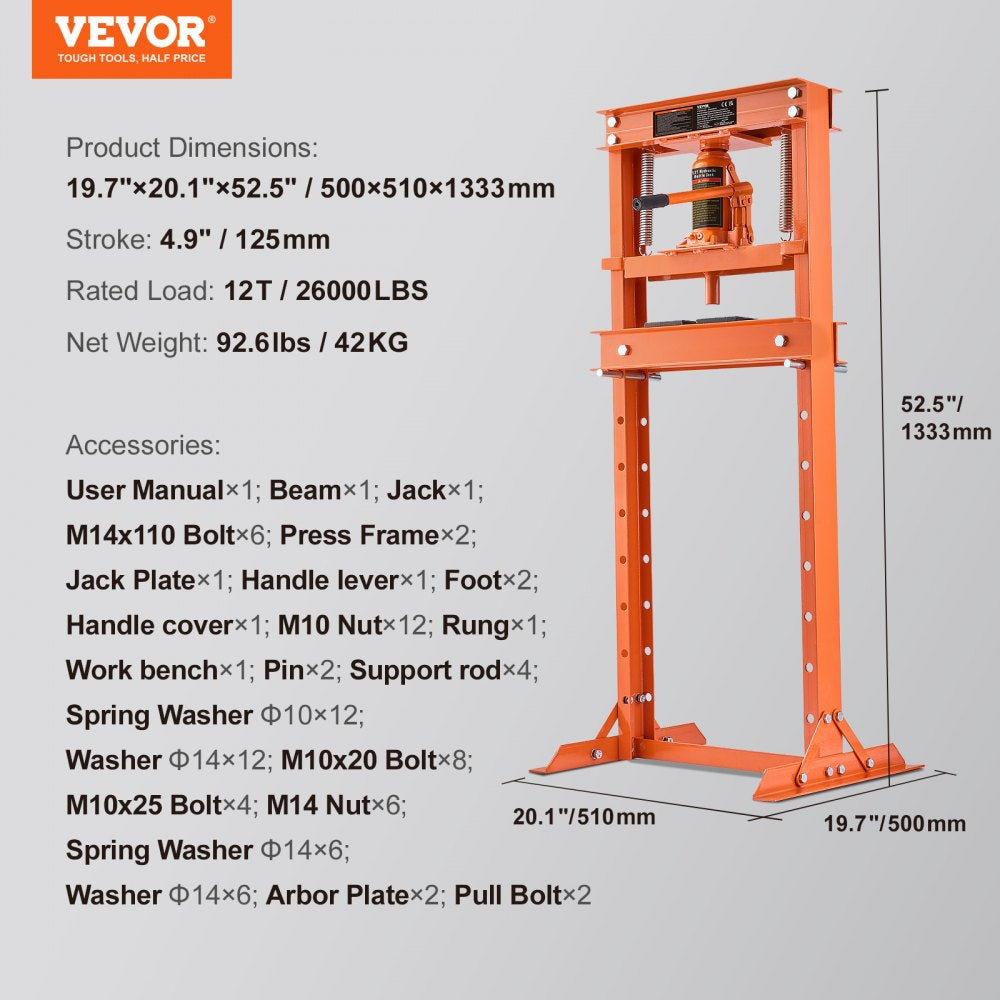 AMITOOLS Hydraulic Shop Press, 12 Ton H-Frame Hydraulic Garage/Shop Floor Press, Adjustable Shop Press with Press Plates, Heavy Duty Hydraulic Press for Garage, Shop, Workshop