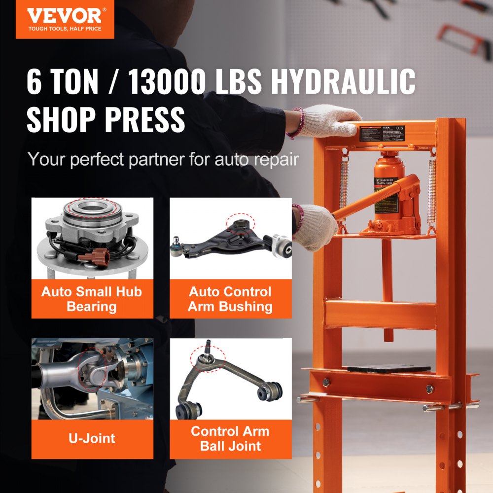 AMITOOLS Hydraulic Shop Press, 6 Ton H-Frame Hydraulic Garage/Shop Floor Press, Adjustable Shop Press with Press Plates, Heavy Duty Hydraulic Press for Garage, Shop, Workshop