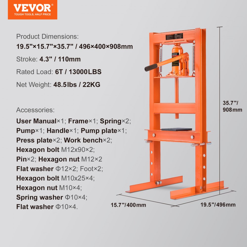 AMITOOLS Hydraulic Shop Press, 6 Ton H-Frame Hydraulic Garage/Shop Floor Press, Adjustable Shop Press with Press Plates, Heavy Duty Hydraulic Press for Garage, Shop, Workshop