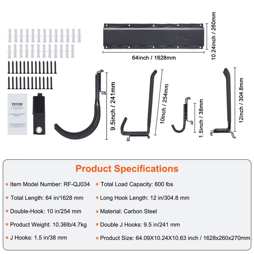 AMITOOLS Garage Tool Organizer, 600 lbs Max Load Capacity, Wall Mount Yard Garden Storage Rack Organization Heavy Duty with 10 Adjustable Hooks and 4 Rails, for Garden Tools, Shovels, Trimmers, and Hoses