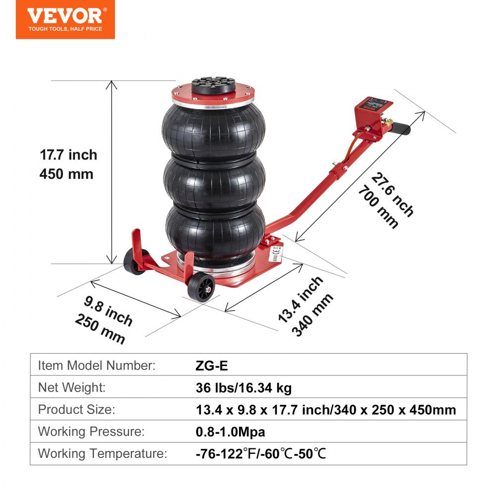 AMITOOLS Air Jack, 3 Ton/6600 lbs Triple Bag Air Jack, Airbag Jack with Six Steel Pipes, Lift up to 17.7 inch/450 mm, 3-5 s Fast Lifting Pneumatic Jack, with Long Handles for Cars, Garages, Repair, (Red)