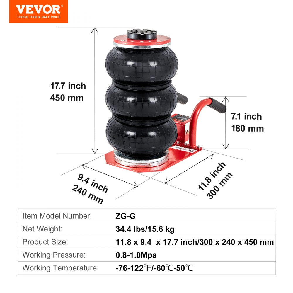 AMITOOLS Air Jack, 3 Ton/6600 lbs Triple Bag Air Jack, Airbag Jack with Six Steel Pipes, Lift up to 17.7 inch/450 mm, 3-5 s Fast Lifting Pneumatic Jack, with Side Handles for Car, Garage, Repair (Red)