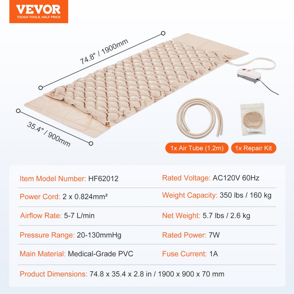 AMITOOLS Alternating Air Pressure Mattress, 5-Level Pressure Adjustable Air Mattress for Bed Sores, Medical-Grade PVC Alternating Pressure Pad with Ultra-Quiet Pump for Home/Hospital Use, 350LBS Loading