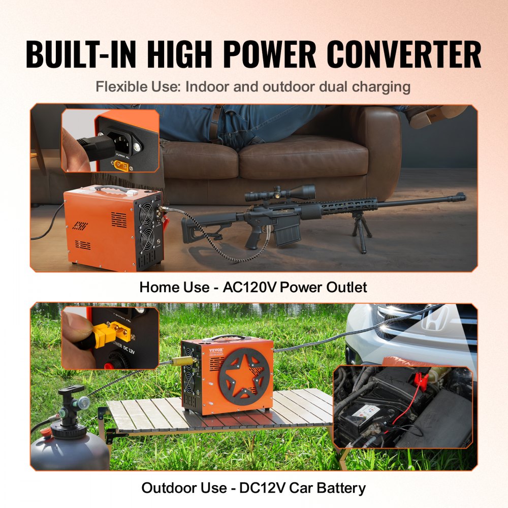 AMITOOLS PCP Air Compressor, 4500PSI/30Mpa Portable PCP Airgun Compressor with Built-in Power Converter, Auto-Stop | DC12V/AC120V | Oil & Water-Free Air Rifle, Paintball and Scuba Tank Compressor Pump