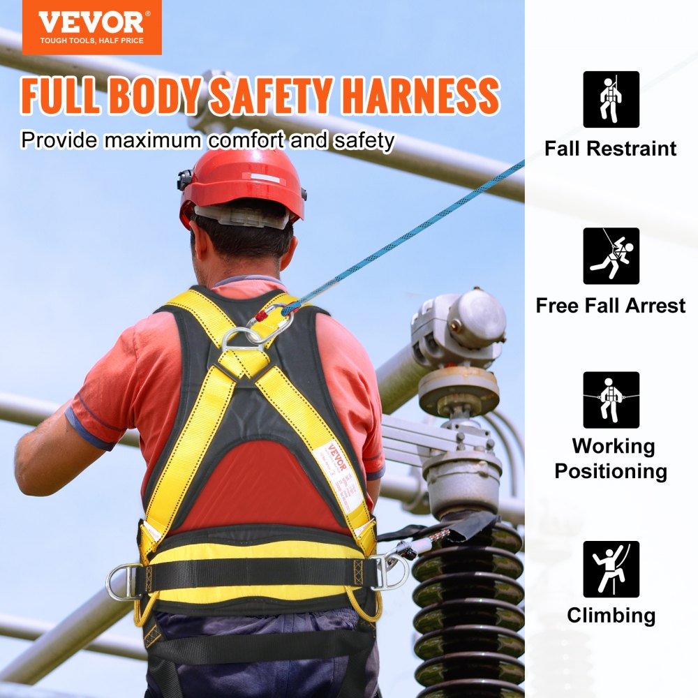 AMITOOLS Safety Harness, Full Body Harness, Safety Harness Fall Protection with Added Padding, and Side Rings and Dorsal D-Rings and a Lanyard, ANSI/ASSE Z359.11-2014, 240 lbs Max Weight, M