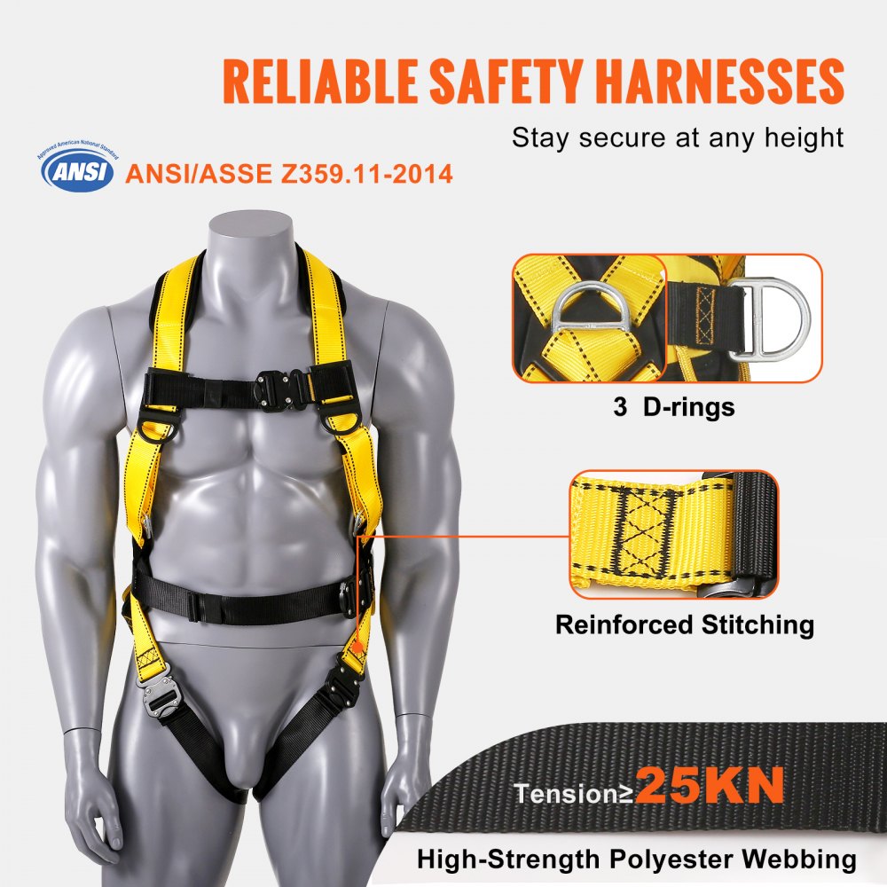 AMITOOLS Safety Harness, Full Body Harness, Safety Harness Fall Protection with Added Padding, and Side Rings and Dorsal D-Rings and a Lanyard, ANSI/ASSE Z359.11-2014, 240 lbs Max Weight, M